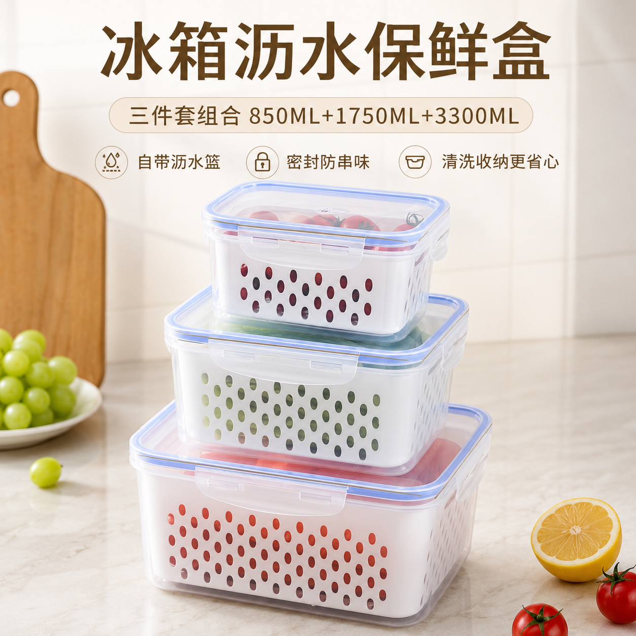 冰箱保鲜盒沥水篮食品级果蔬收纳密封三件套厨房水果蔬菜清洗盒子