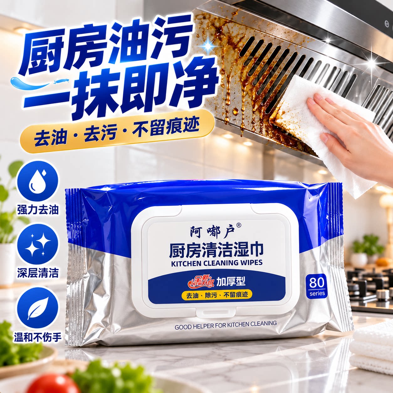 阿嘟户厨房湿巾强力去油一擦即净