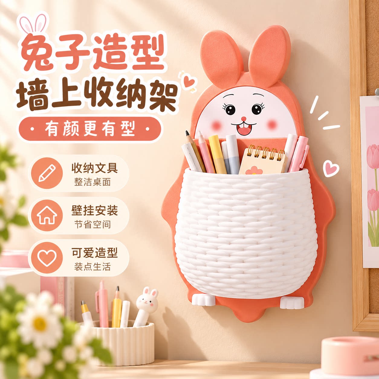 可爱兔子大号壁挂沥水收纳盒