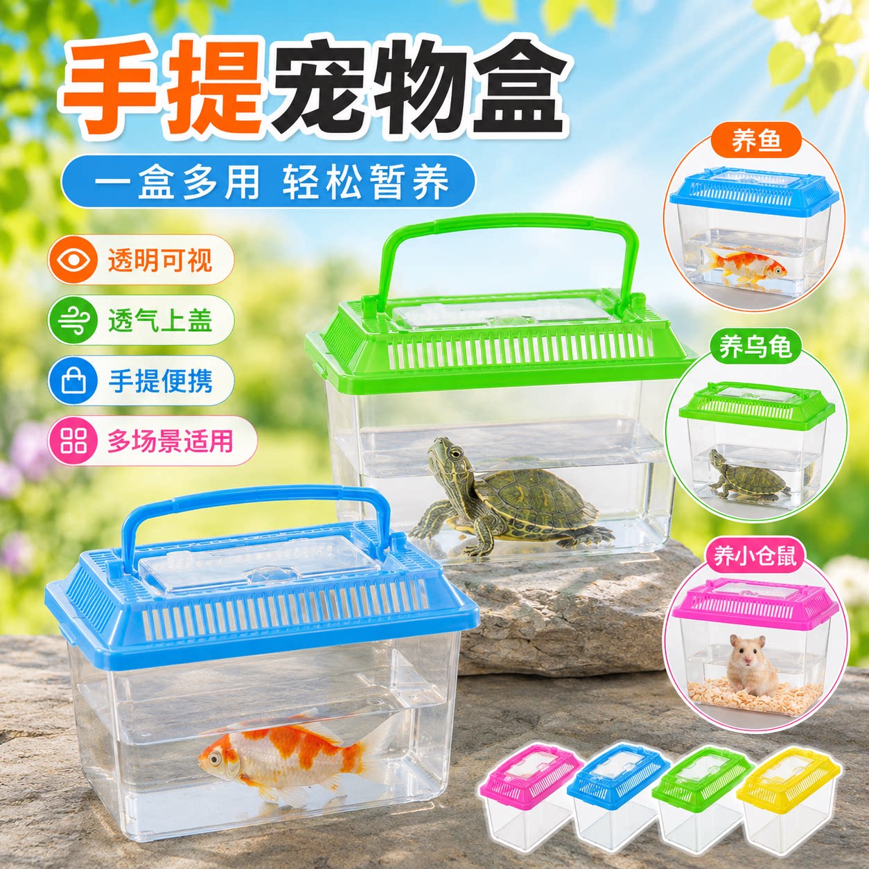 透明手提宠物盒耐摔桌面缸塑料小型多功能养鱼乌龟仓鼠短期饲养盒