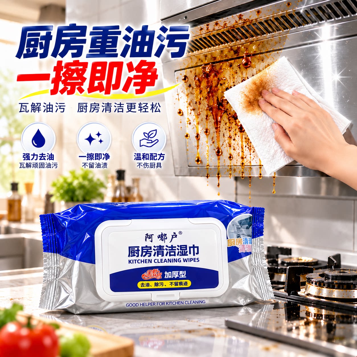 阿嘟户厨房湿巾加厚强力去油污