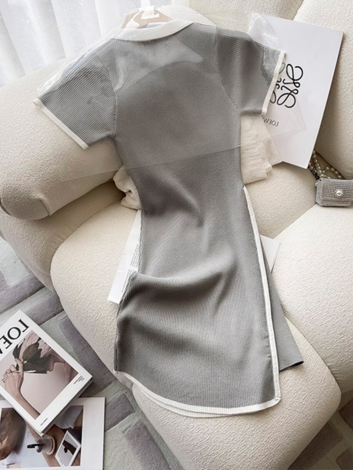 빅브랜드 클리어런스 유출 허리 A라인 슬릿 스커트로 여름 여성 프렌치 폴로 칼라 니트 반팔 원피스