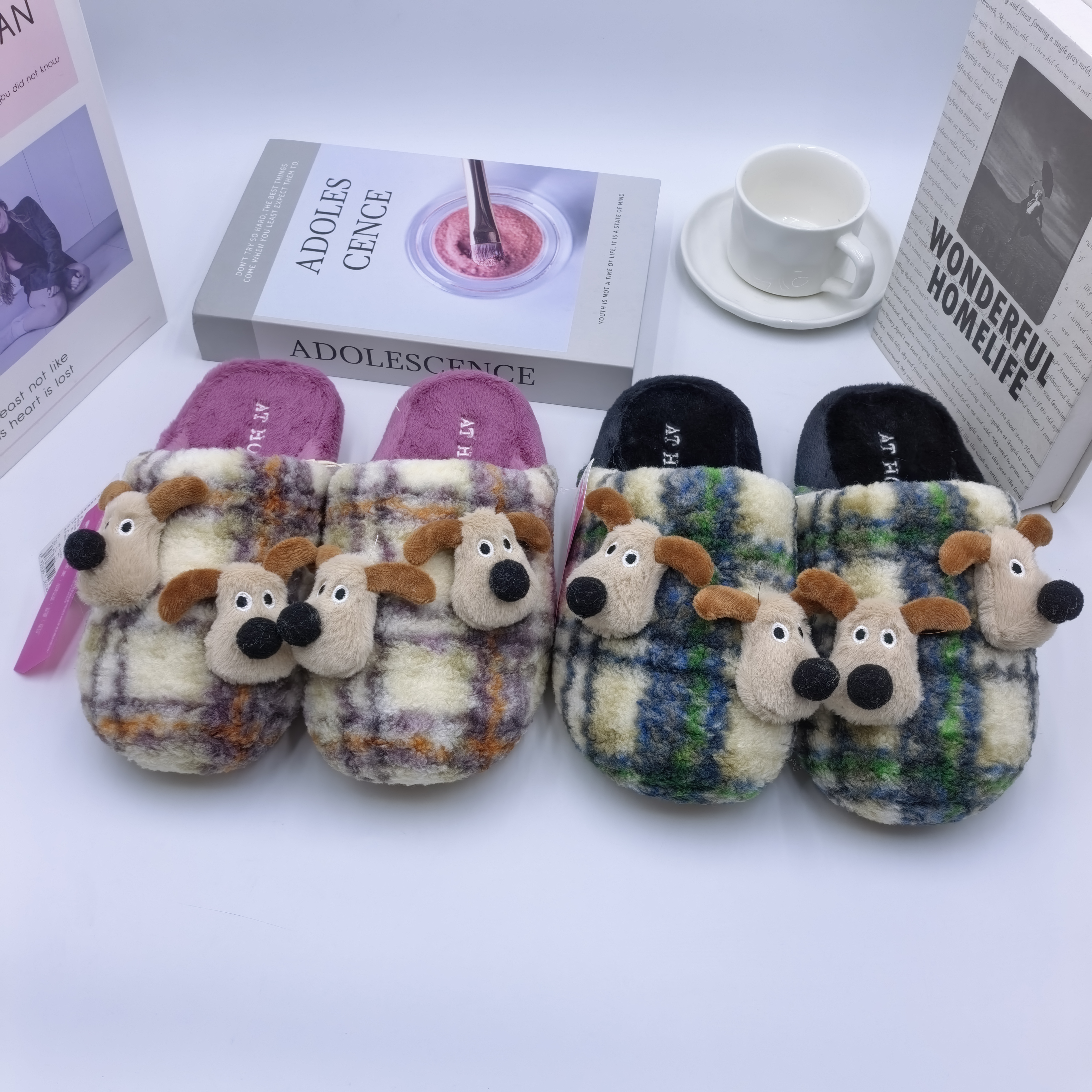 2025冬季新款可爱卡通居家地板拖鞋百搭潮流卡通小狗毛绒棉拖鞋女