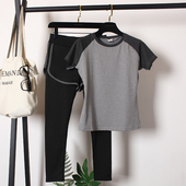 弹力专业跑步运动训练假两件速干瑜伽服套装 健身服女拼色短袖 夏季