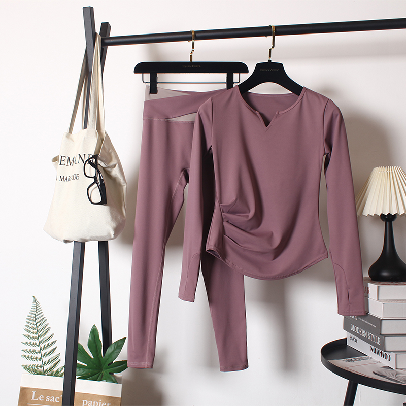 加绒健身服套装女秋冬款速干运动V领上衣长袖跑步气质透气瑜伽服