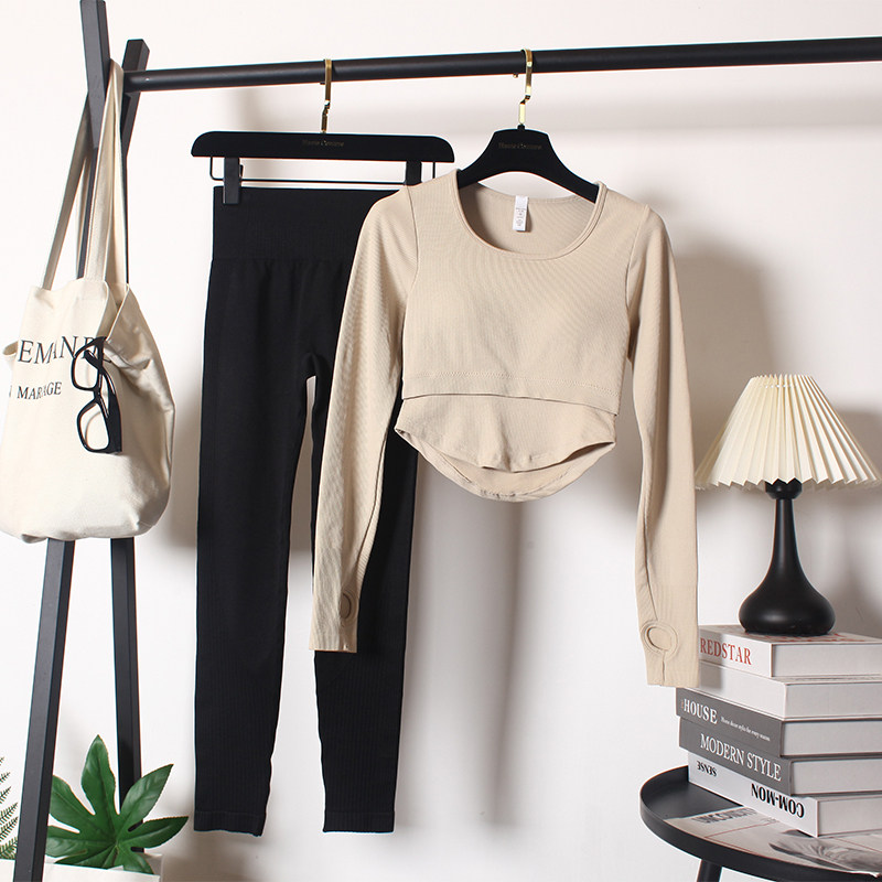 高颜值瑜伽服套装带胸垫长袖性感紧身专业训练普拉提上衣健身服女