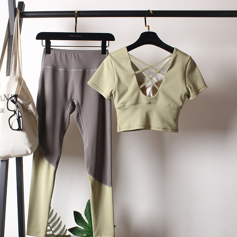 含胸垫瑜伽服套装女夏季专业运动裸感拼色紧身裤速干显瘦跑步健身