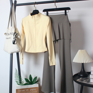 瑜伽服套装女秋冬高腰喇叭裤假两件显瘦舞蹈训练拉链健身运动外套