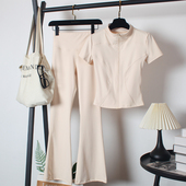 显瘦立领短袖 跑步拉链瑜伽服修身 女夏速干喇叭长裤 健身房运动套装