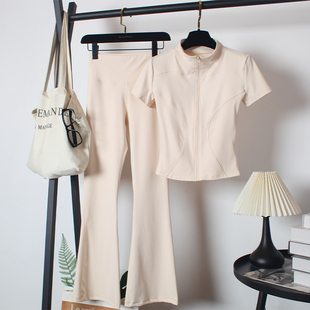 健身房运动套装女夏速干喇叭长裤跑步拉链瑜伽服修身显瘦立领短袖