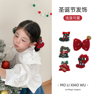 儿童圣诞节头饰毛绒红色星星圣诞树圣诞袜发圈宝宝蝴蝶结发饰发夹