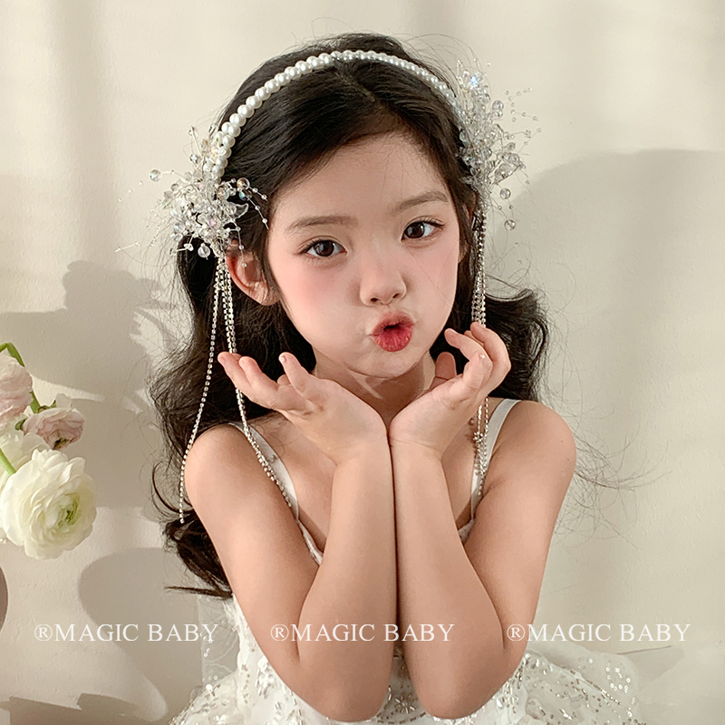女童生日头饰超仙双层珍珠花瓣水晶流苏发箍花童表演发卡儿童发饰