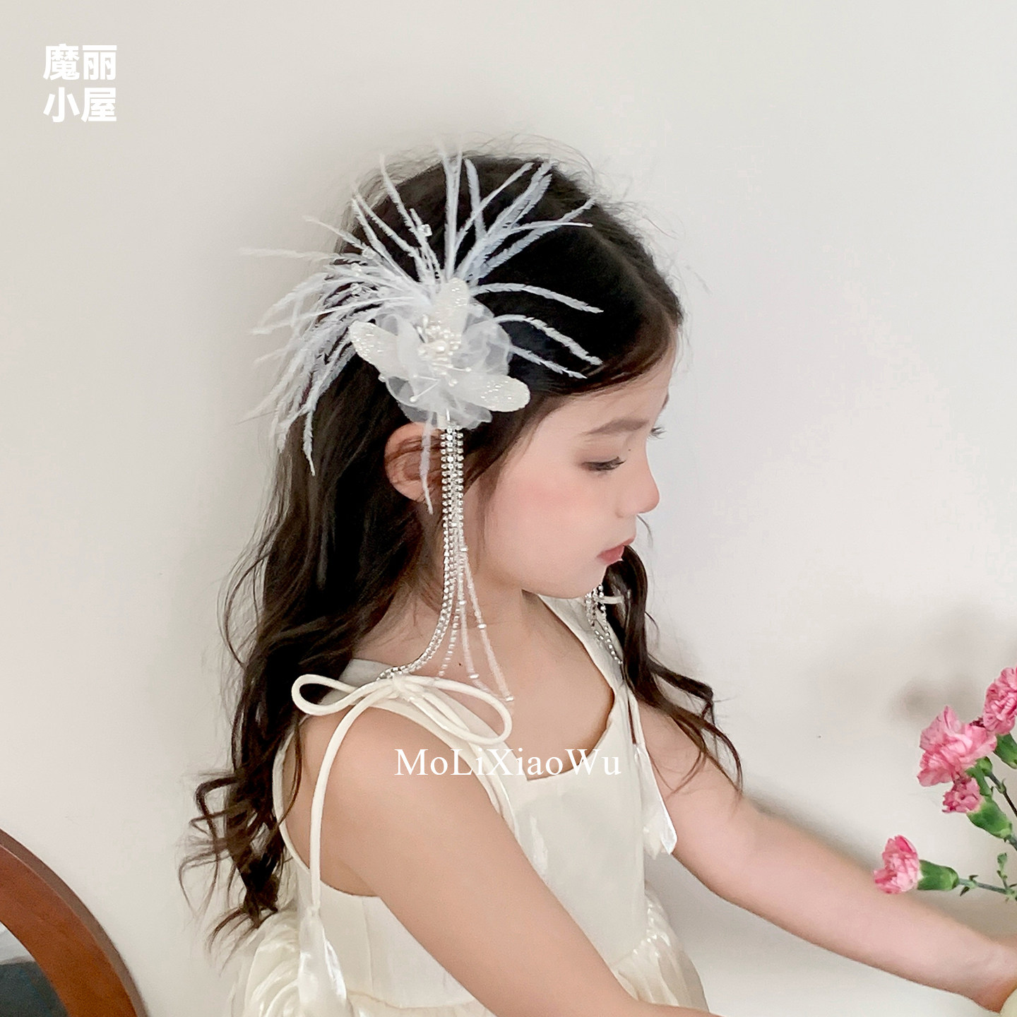 超仙白色羽毛流苏发夹女童头饰花童发饰拍照侧边夹子女孩表演发卡