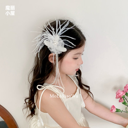 超仙白色羽毛流苏发夹女童头饰花童发饰拍照侧边夹子女孩表演发卡