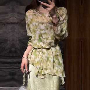 高级感晕染印花长袖上衣女夏季时尚设计感斜摆系带乔其纱防晒罩衫