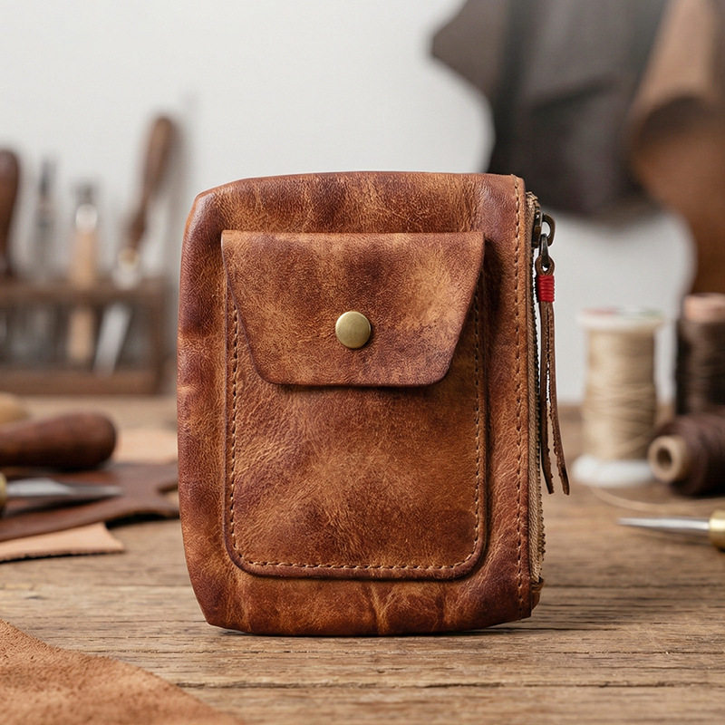 复古手工擦色植鞣头层牛皮零钱卡包真皮迷你收纳钱包男女山下裘宝