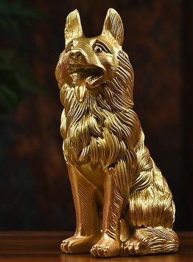实木雕刻狼狗摆件金色木头根雕狗十二生肖工艺品家居办公旺财装饰