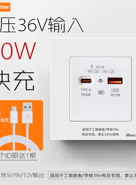 86型USB带type-c墙插座面板工地学校宿舍低压36V快充20W充电插座