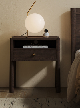 造作圆舞床头柜实木原木胡桃色抽屉储物柜简约现代卧室复古侘寂风