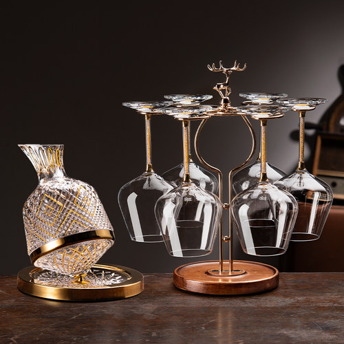 高档轻奢风红酒杯套装家用欧式水晶高脚杯子不倒翁旋转醒酒器酒具