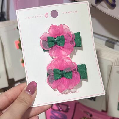 2.16韩国pom新款儿童发饰网纱花朵蝴蝶结鸭嘴夹边夹发夹