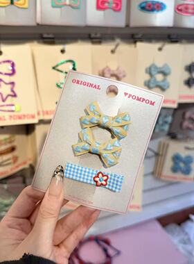 3.4韩国pom新款2026儿童彩色爱心刺绣蝴蝶结格纹边夹发夹