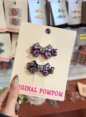 3.4韩国pom新款2026儿童彩色小花刺绣蝴蝶结边夹发夹