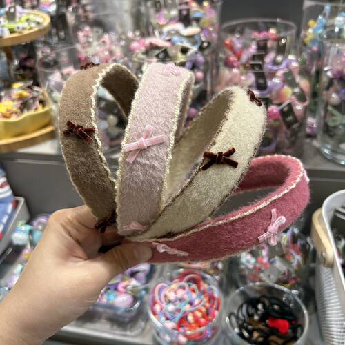 韩国bebeprince秋冬毛绒绒拼色蝴蝶结发箍