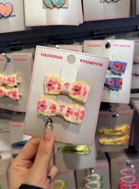 3.4韩国pom新款2026儿童彩色花花刺绣双层蝴蝶结边夹发夹