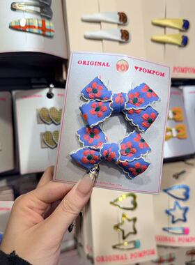 3.4韩国pom新款2026儿童彩色花花刺绣蝴蝶结边夹发夹对夹