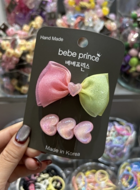 韩国bebeprince儿童发饰新款彩虹渐变撞色蝴蝶结爱心发夹鸭嘴夹对