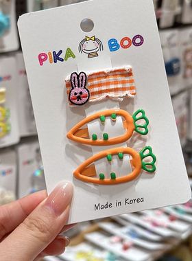 8.14韩国代购pikaboo儿童发饰胡萝卜格子小兔边夹发夹