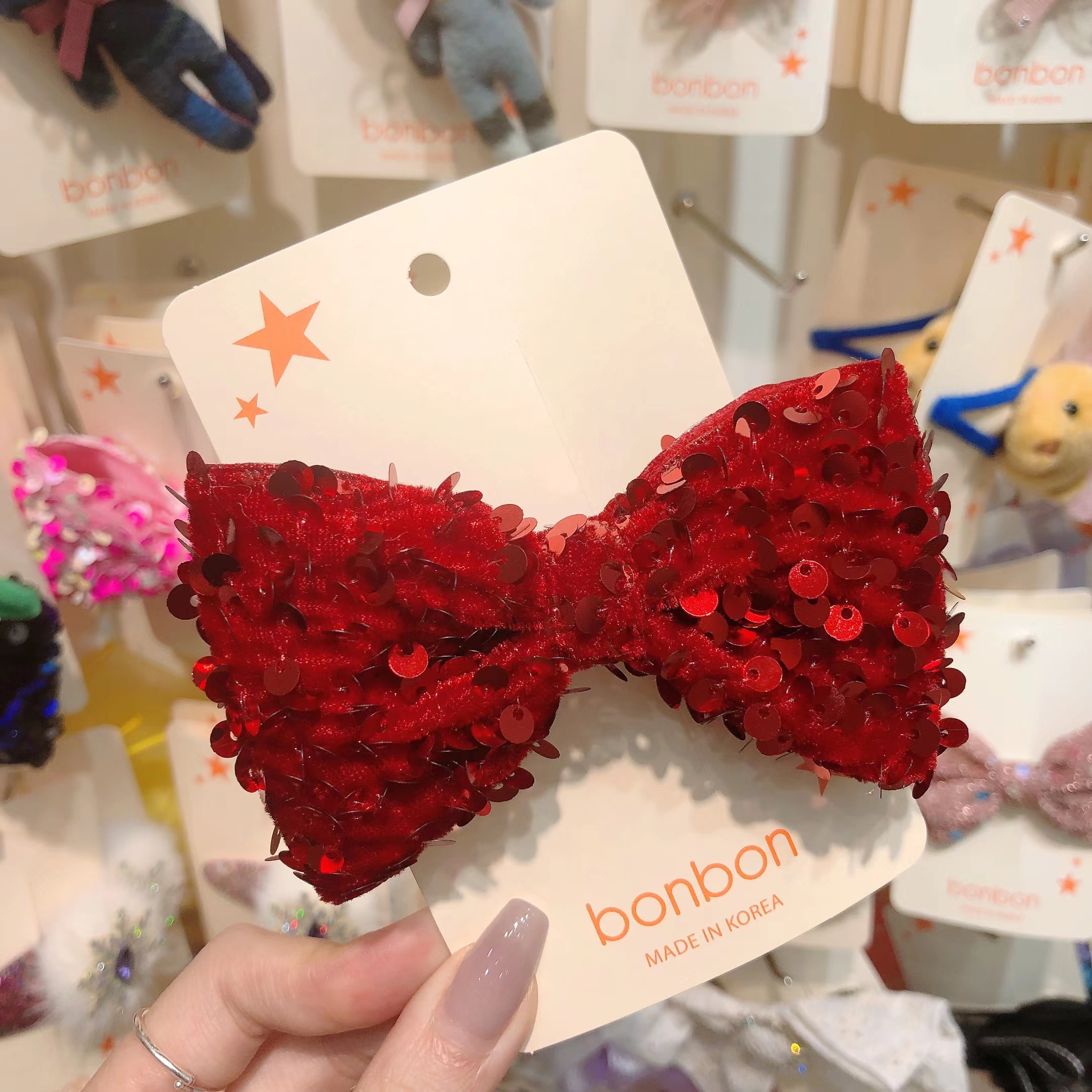 韩国东大门bonbon儿童发饰撞色亮片蝴蝶结发夹鸭嘴夹