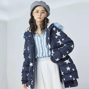 艾格Etam五角星印花蓝色加厚羽绒服白鸭绒外套宽松学生特价ES潮流