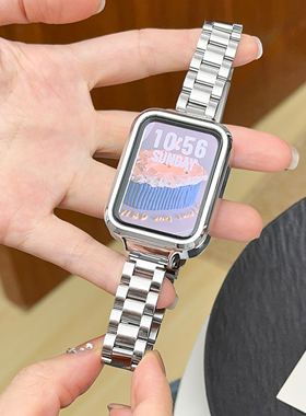 适用小米band 9Pro金属表带实心精钢不锈钢三株折叠扣款替换腕带Mi智能运动手环7pro/8pro女士手表链配件