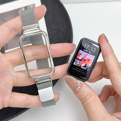 适用华为手环6/NFC版磁吸金属表带女生华为手环8/9/10米兰尼斯磁吸腕带band7/10荣耀手环6/7不锈钢手表链配件