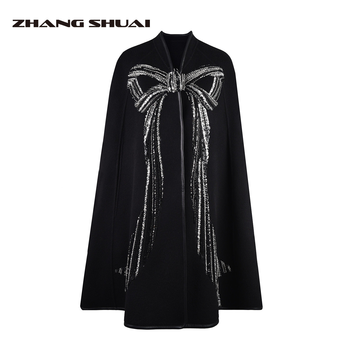 ZHANG SHUAI新款亮片蝴蝶结斗篷绵羊毛黑色斗篷大衣走秀明星同款