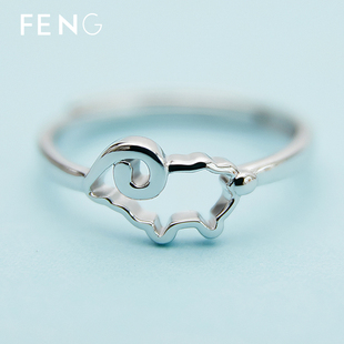 十二生肖羊戒指女s925纯银小羊镂空开口戒属羊鼠牛虎兔龙刻字