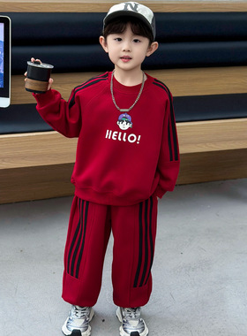 红色卫衣男童加绒套装儿童新款运动服洋气上衣新潮长裤中小童套装
