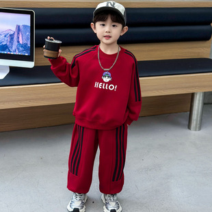 红色卫衣男童加绒套装儿童新款运动服洋气上衣新潮长裤中小童套装