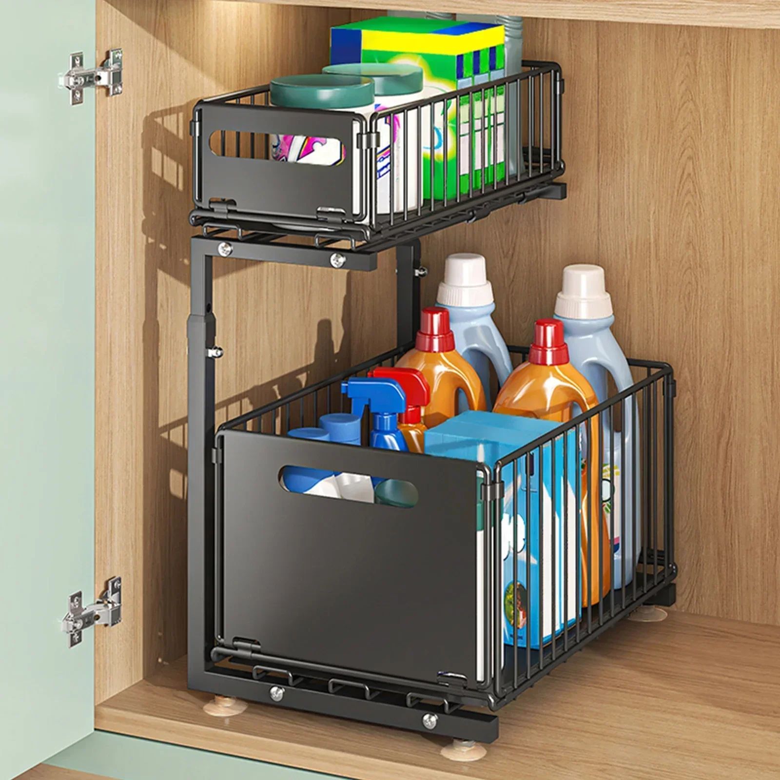 2-tier Under Sink Storage Organizer,Ajustable Sliding Cabine