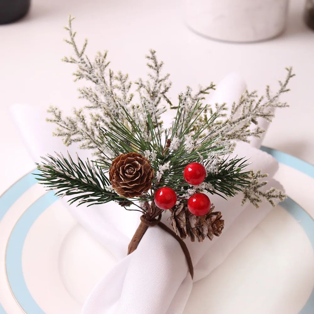 4PCS Christmas Cedrus Table Napkin Ring, Jute Lace Napkin Bu