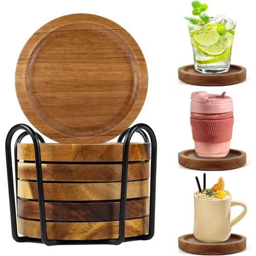 1Set Wood Cork Coasters for Drinks Absorbent with Holder, Wo
