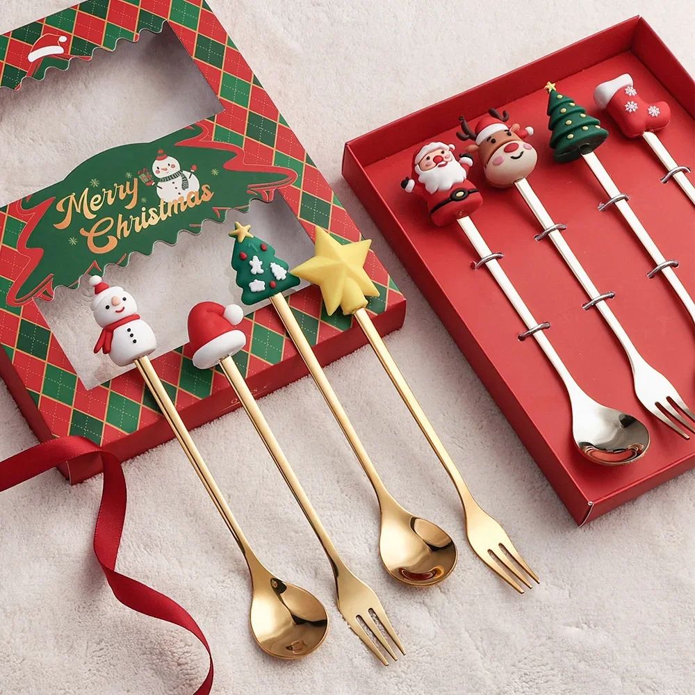 4PCS/Set Christmas Gift Glod Silver Spoon Fork Set Elk Chris