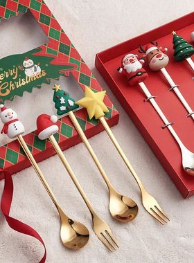 4PCS/Set Christmas Gift Glod Silver Spoon Fork Set Elk Chris