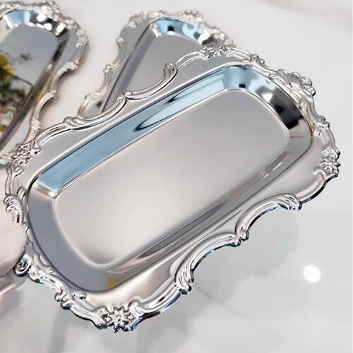Vintage Embossed Stainless Steel Tray Serving Platter for De