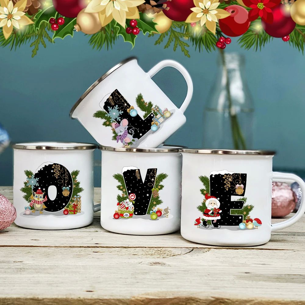 Cartoon Santa Christmas Tree Deer Alphabet Enamel Mugs New Y