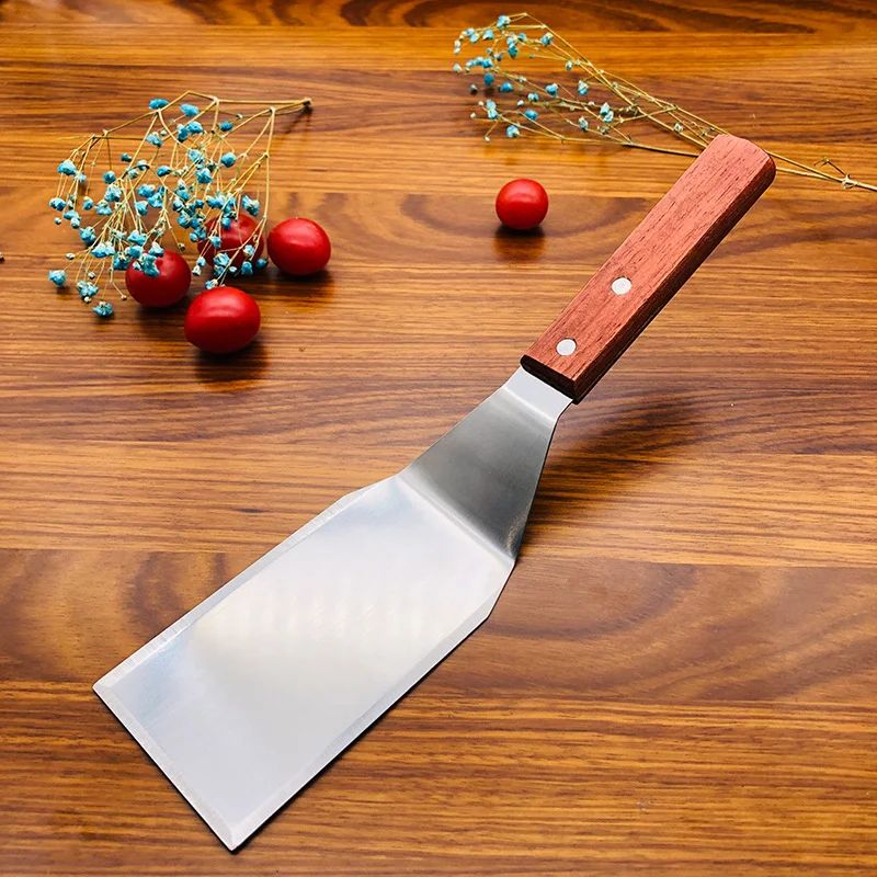 Stainless Steel Square Head Steak Cooking Spatula Wood Handl