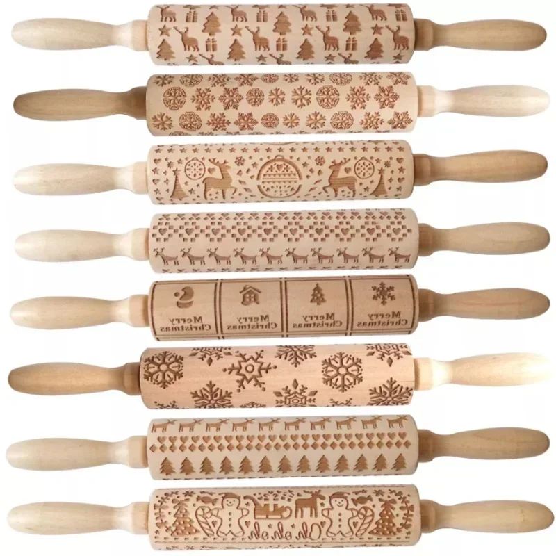 Wood Christmas Printing Rolling Pin Wooden Carvings Embossin