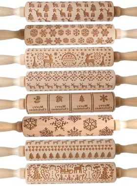 Wood Christmas Printing Rolling Pin Wooden Carvings Embossin